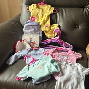 Lot of Newborn Oneies 0-3 Months, Hangers, Bottle Cooler Bag Bear Hunt Book